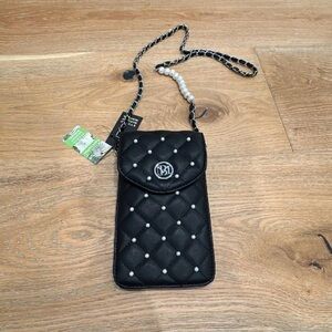 Chic Black Quilted Crossbody Phone Case with card holder slots.